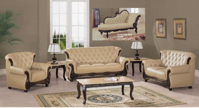Beige Leather Living Room Sofa w/Cappuccino Wooden Accents
