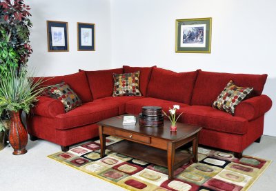Red Fabric Contemporary Sectional Sofa w/Rolled Arms