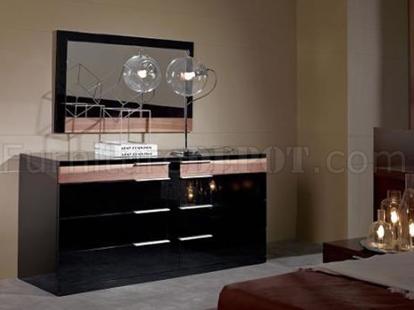 Black Lacquer Finish Contemporary Bedroom Set w/Curved Headboard