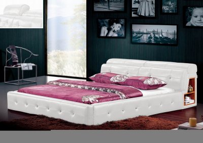 White Leatherette Modern Bed w/Moveable Headrest