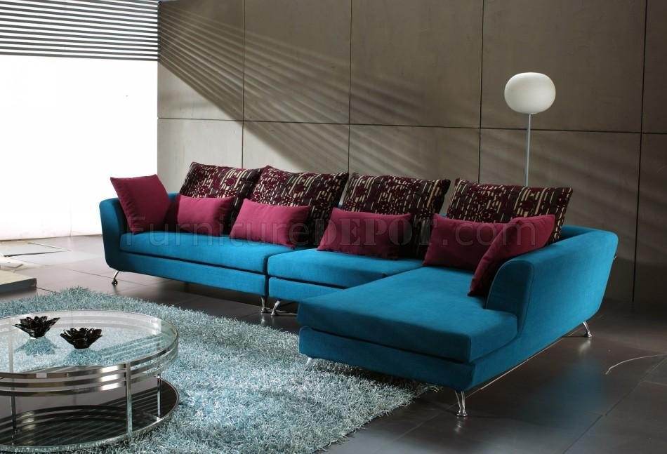 Blue Fabric Modern Sectional Sofa w/Contrasting Pillows