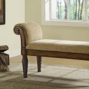 Stately Upholstered Brown Finish Bench w/Rolled Arms