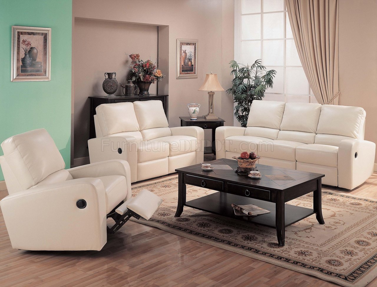 Cream Bonded Leather Modern Reclining Living Room Sofa w