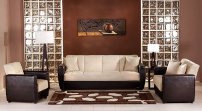 Beige Microfiber Elegant Living Room w/Sleeper Sofa And Storage