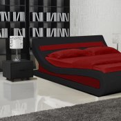 Black Leatherette Modern Bed w/Red Accents