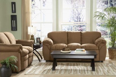 Brown Microfiber Plush Contemporary Sofa & Loveseat Set