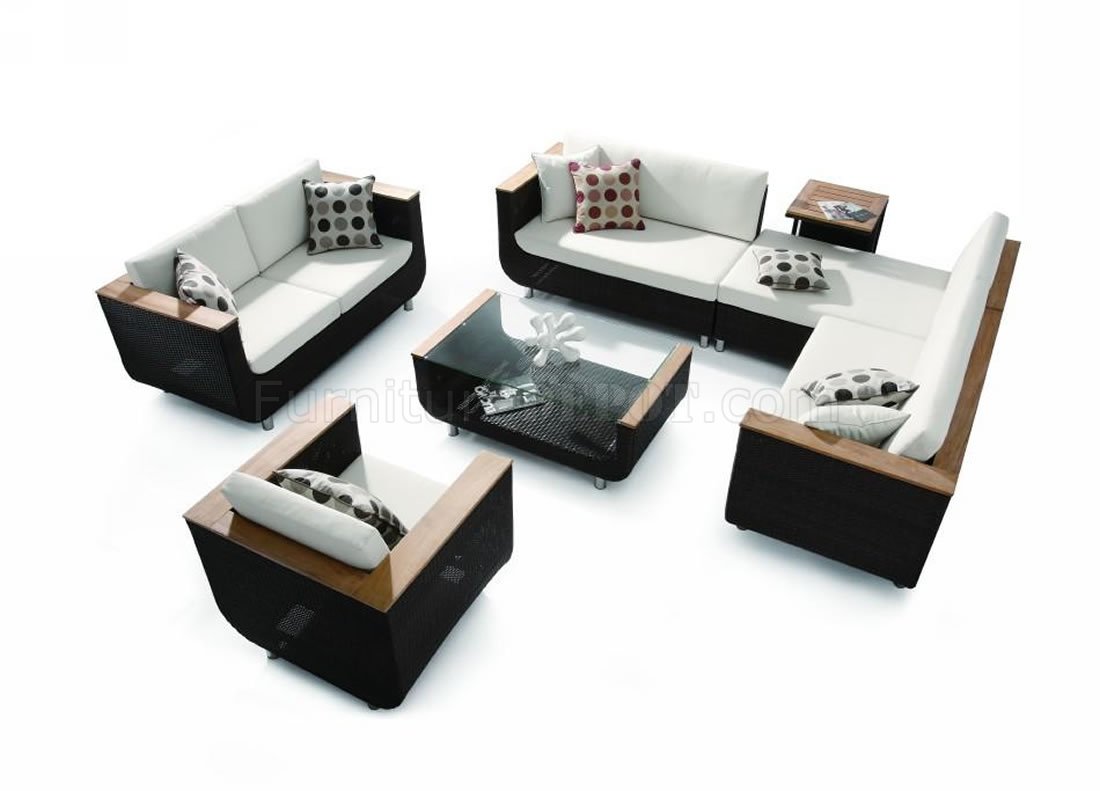 Modern Black & White 4Pc Patio Sofa Set w/Wooden Accents