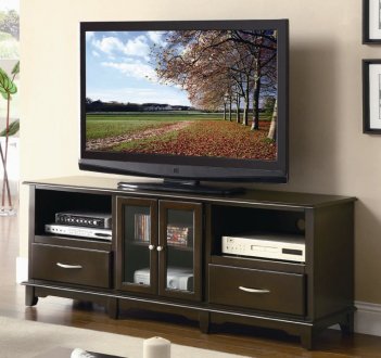 Cappuccino Finish Modern TV Stand w/Glass Front Doors