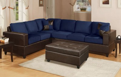 Navy Microfiber Contemporary Sectional Sofa w/Faux Leather Base