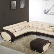 Beige Leather Modern Sectional Sofa w/Dark Brown Sides
