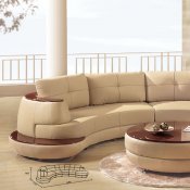 Beige Leather Modern Sectional Sofa W/Cherry Wooden Shelf