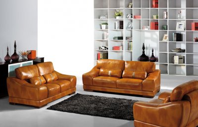 Cognac Full Top Grain Italian Leather Modern Sofa w/Options
