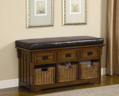 Oak Finish Stylish Storage Bench w/Black Cushion