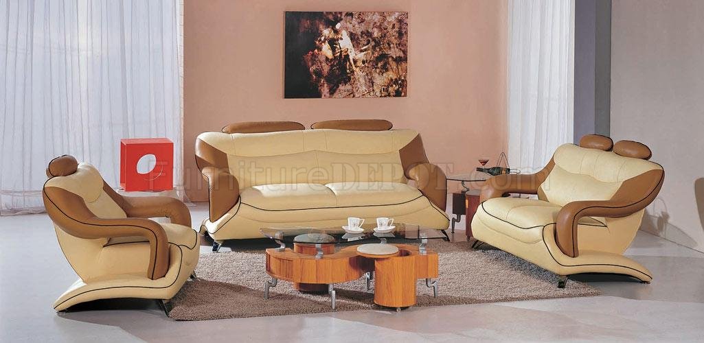 two-tone leather modern 3pc living room set 7055 beige & brown