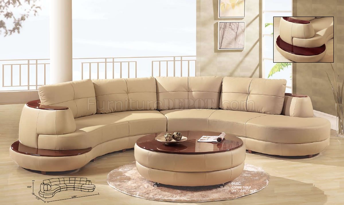 Beige Leather Modern Sectional Sofa W/Cherry Wooden Shelf