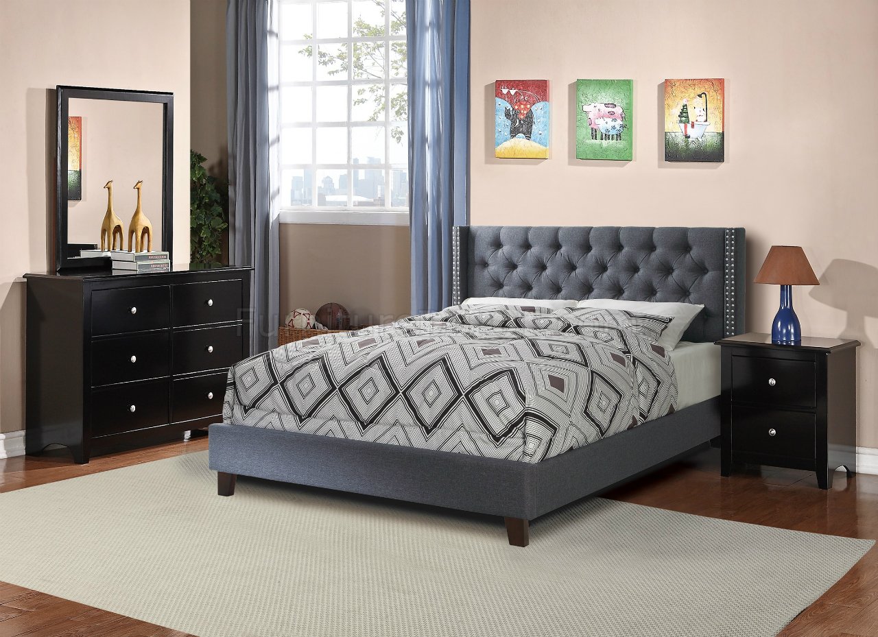 F9371 Bedroom Set by Boss w/Blue-Grey Fabric Upholstered Bed