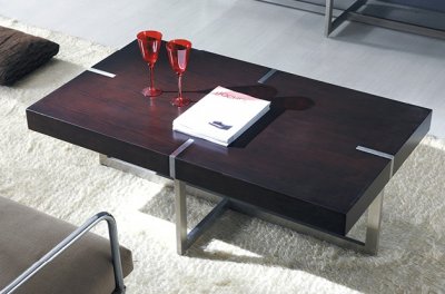 Brown Wood Rectangular Top Modern Coffee Table w/Metal Base