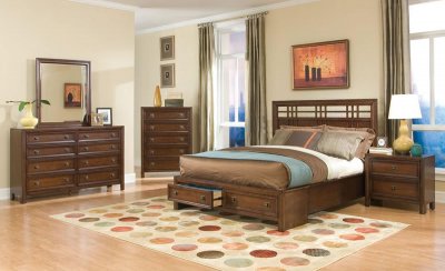Rich Walnut Finish Stylish Bedroom W/Storage Bed
