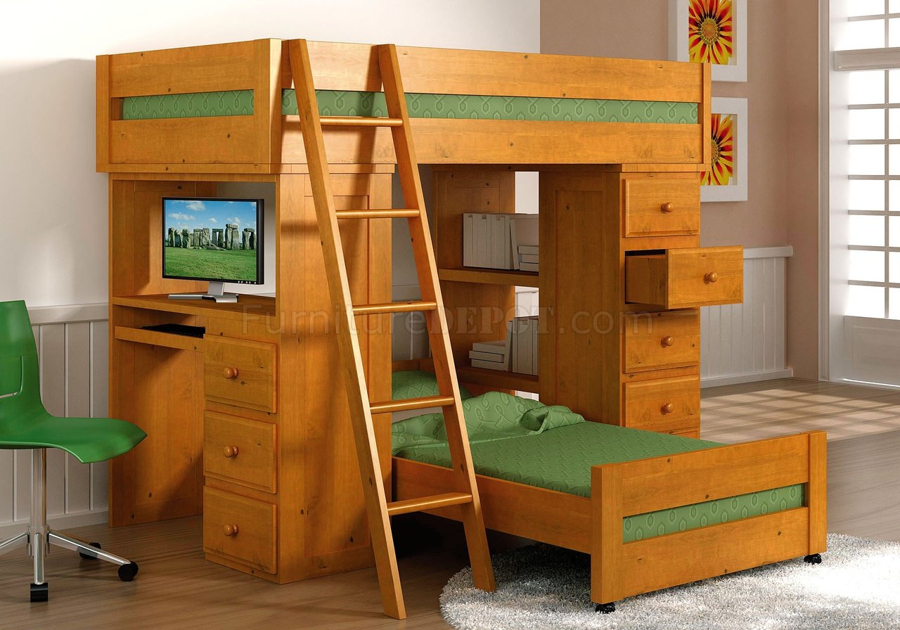 Natural Honey Finish Solid Pine Contemporary Loft Bed with Desk