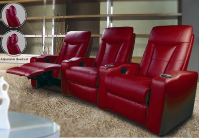 Red Leatherette Home Theater Recliners w/Adjustable Headrests