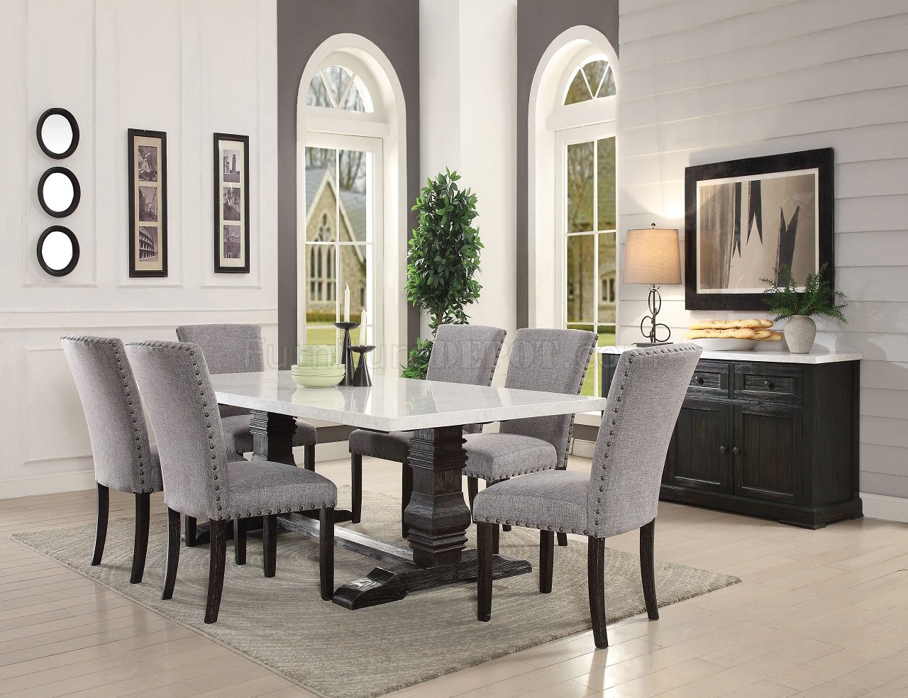 Recusson Marble Top Dining Table 60825 In Dark Oak By Acme