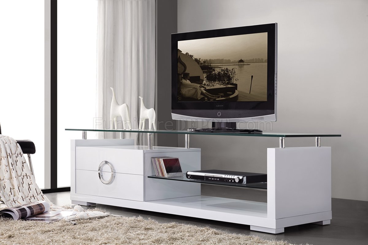 White Finish Modern TV Stand w/Two Drawers & Glass Top