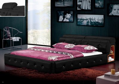 Black Leatherette Modern Bed w/Moveable Headrest
