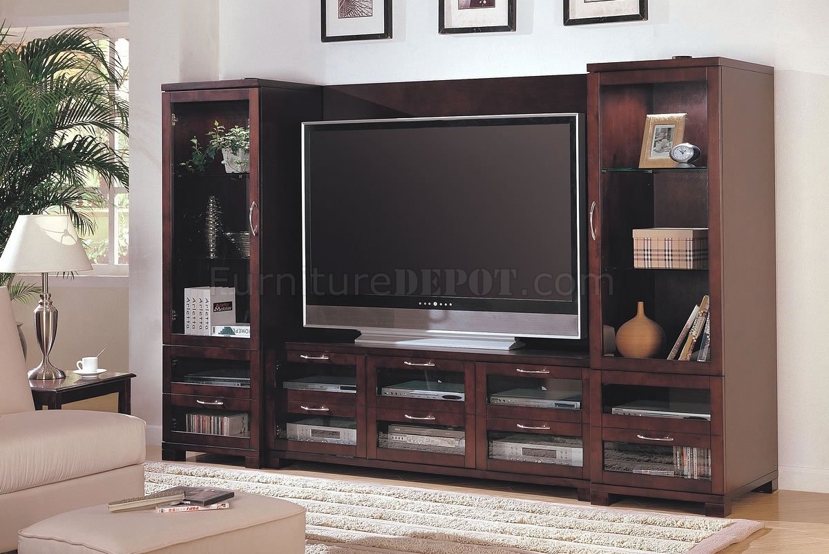 Cappuccino Finish Modern Entertainment Wall Unit W/Glass Doors