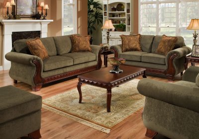 Green Fabric Traditional Sofa & Loveseat Set w/Carved Wood Legs