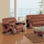 Modern Burgundy Leather Living Room Sofa w/Mahogany Arms