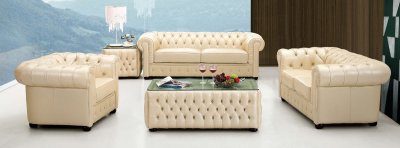 Light Beige Genuine Tufted Leather Formal Living Room Sofa