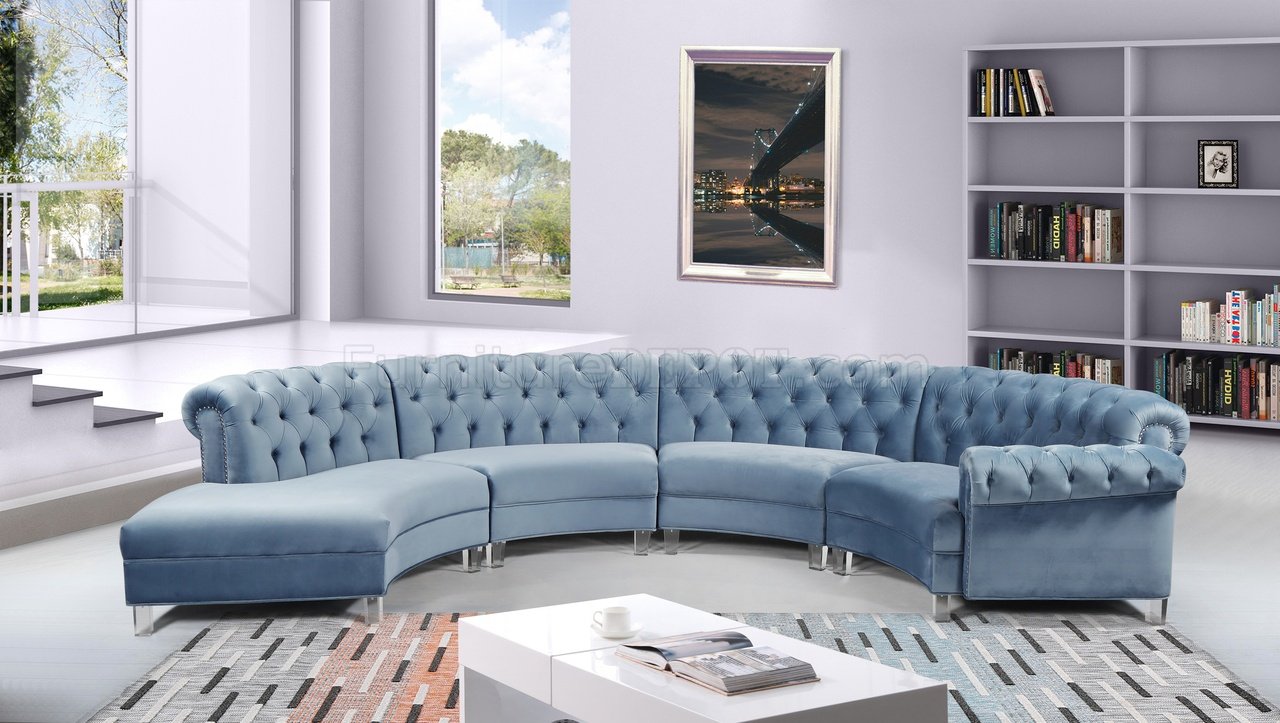 Anabella Sectional Sofa 697 Sky Blue Velvet Fabric by