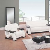 Modern White Leather Living Room Sofa w/Cappuccino Finish Arms