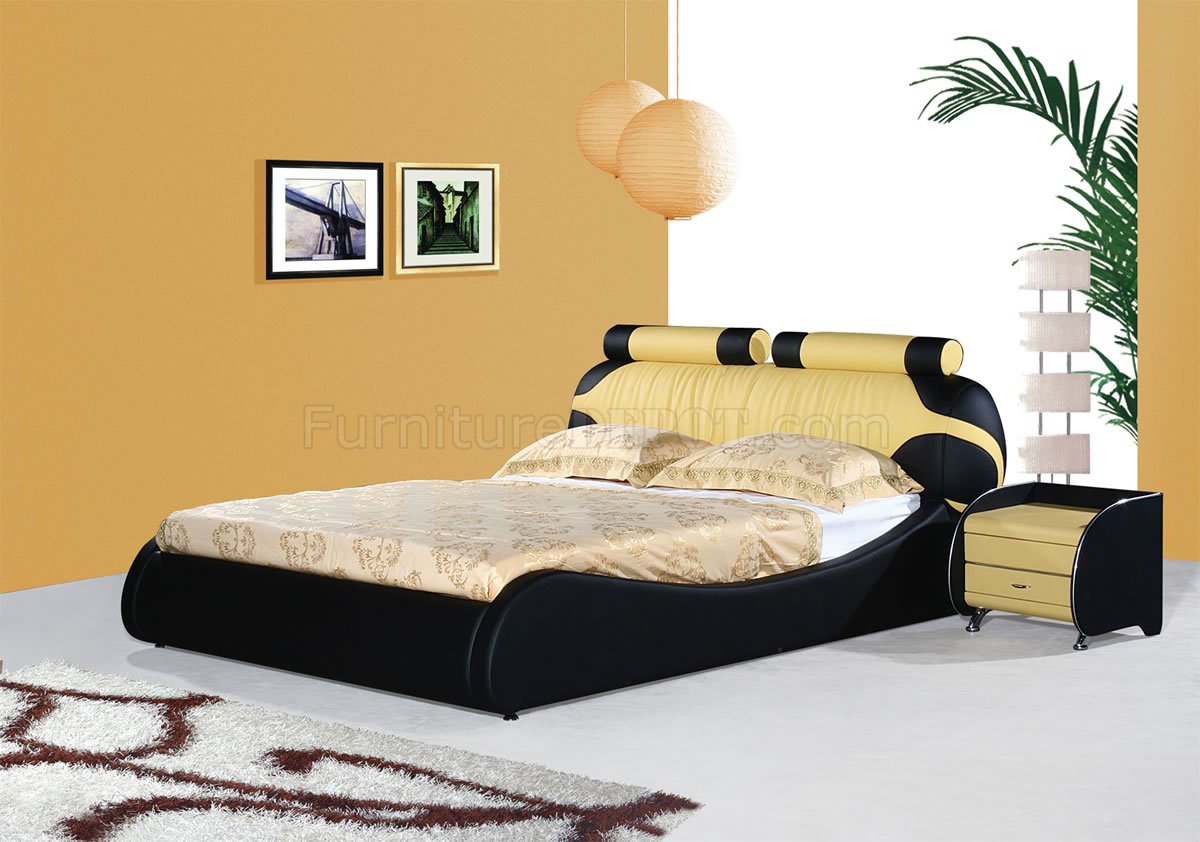 Black & Yellow Leatherette Modern Bed w/Bolster Cushions