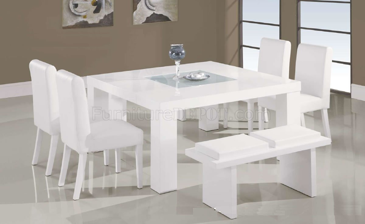 White Lacquer Finish Modern 7PC Dinette Set W Glass Inlay Table