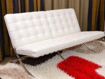 White Button Tufted Full Leather Modern Living Room Sofa