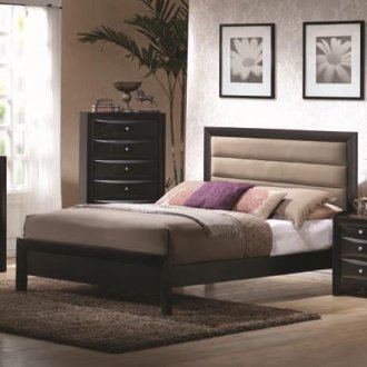 Glossy Black Finish Modern Bed w/Padded Headboard