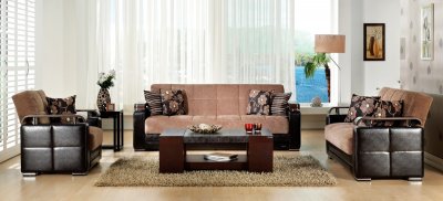 Brown Fabric & Dark Leather Base Convertible Sofa Bed w/Storage