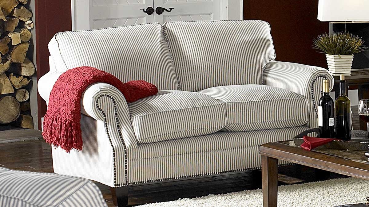 White Blue Striped Fabric Cottage Style Sofa Loveseat Set