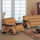 Modern Brown Leather Living Room Sofa w/Mahogany Arms