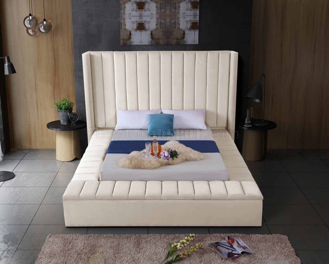 Kiki Upholstered Bed in Cream Velvet Fabric by Meridian