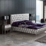 Silver Tufted Leatherette Modern Bed w/Optional Case Goods