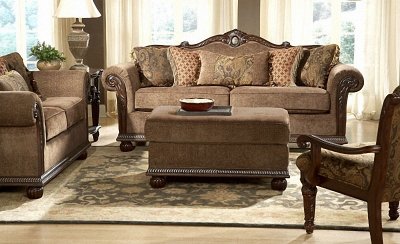 Brown Gold Chenille Classic Living Room Sofa w/Marble Details