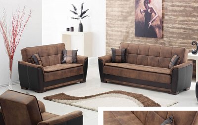 Two-Tone Brown Treated Microfiber Modern Convertible Sofa Bed