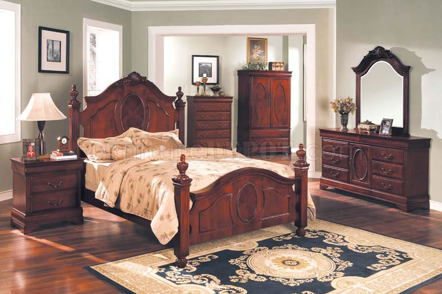 mahogany bedroom with oversized headboard