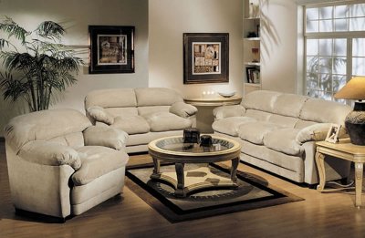 Beige Microfiber Contemporary Sofa w/Oversized Seatings