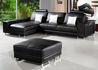 Compact Black Leather Modern Sectional Sofa w/Ottoman