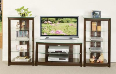 Brown Modern Tv Stand w/Glass Shelves & Optional Shelf Units