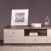 Charm TV Stand in Beige & Acacia by Beverly Hills