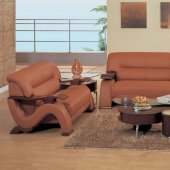 Modern Rust Leather Living Room Set with Mahogany Arms